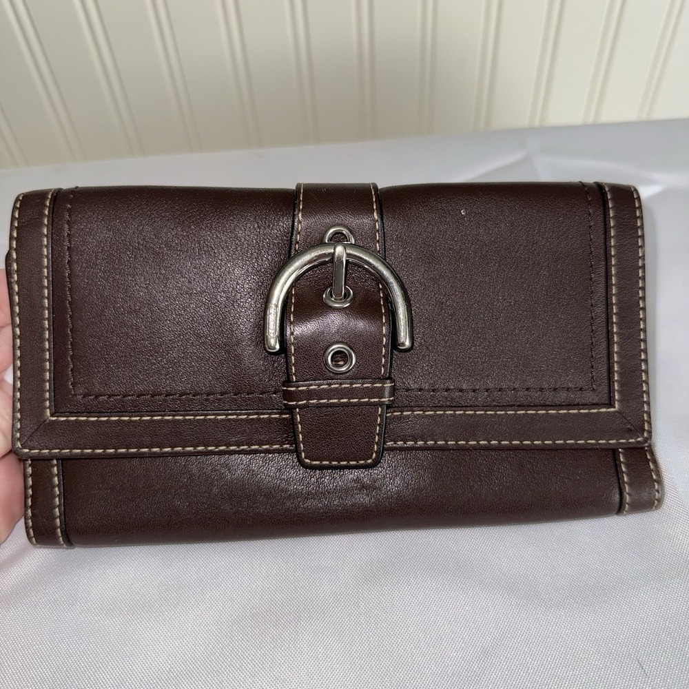 Vintage Coach Brown Leather Buckle Long Foldover Wallet Card Coin Holder